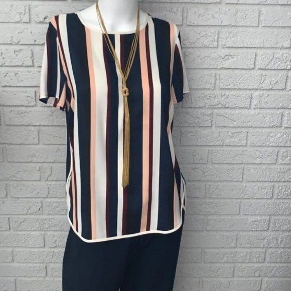Ann Taylor Women Striped Hi-Low Short Sleeve Blouse Size S
